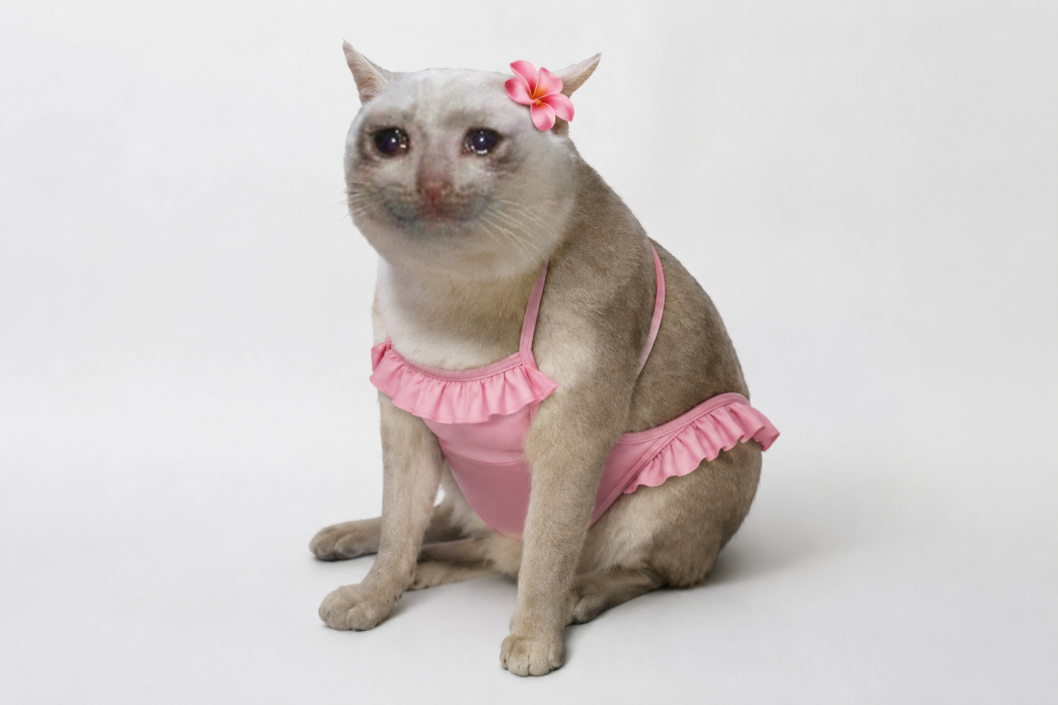 Crying cat in a pink swimsuit with a flower