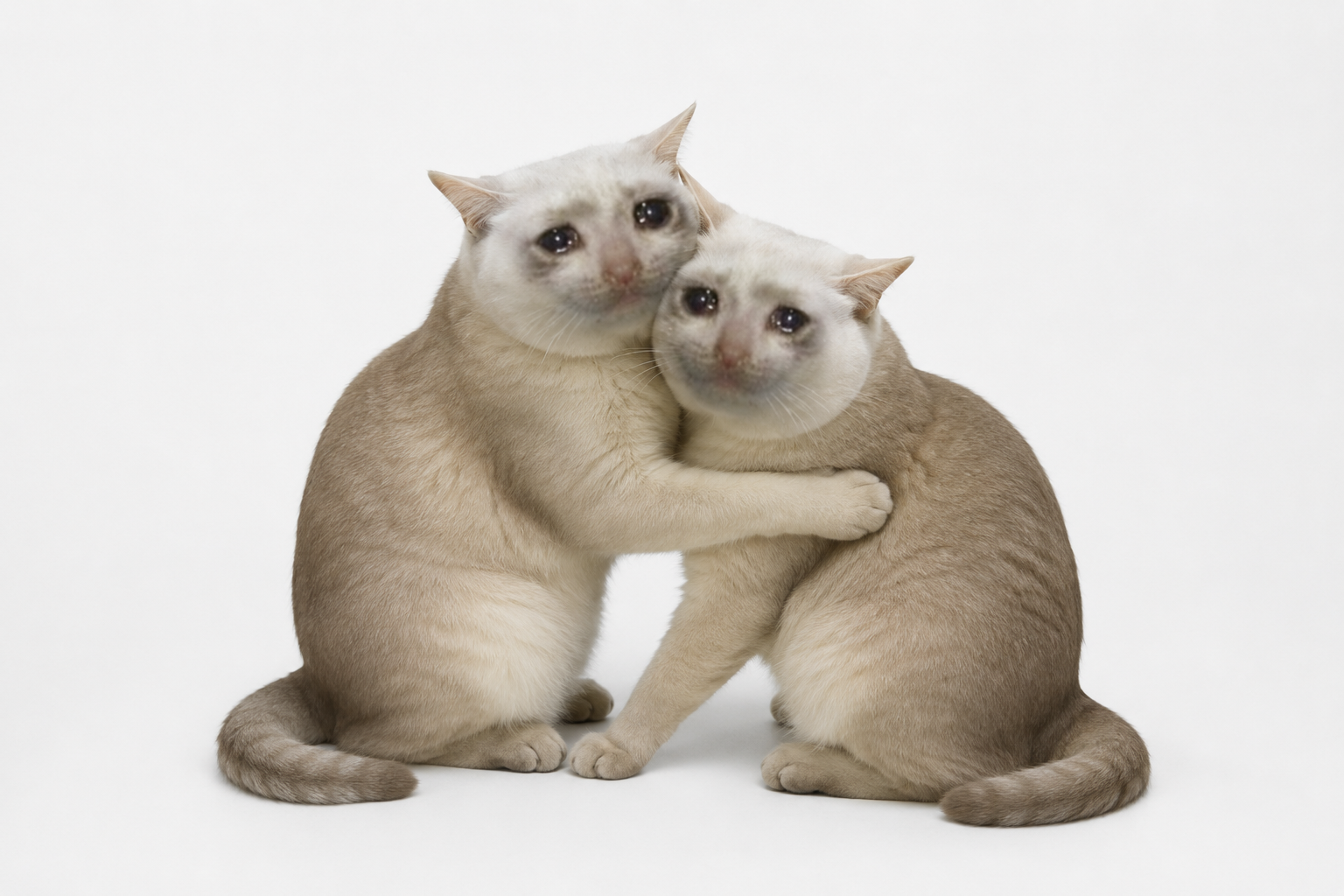 Two crying cats hugging each other